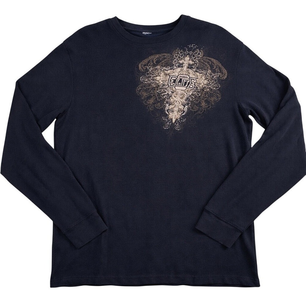 Y2K MMA Elite Men XL Black Waffle Knit Thermal Graphic Shirt Gothic Grunge FLAWS